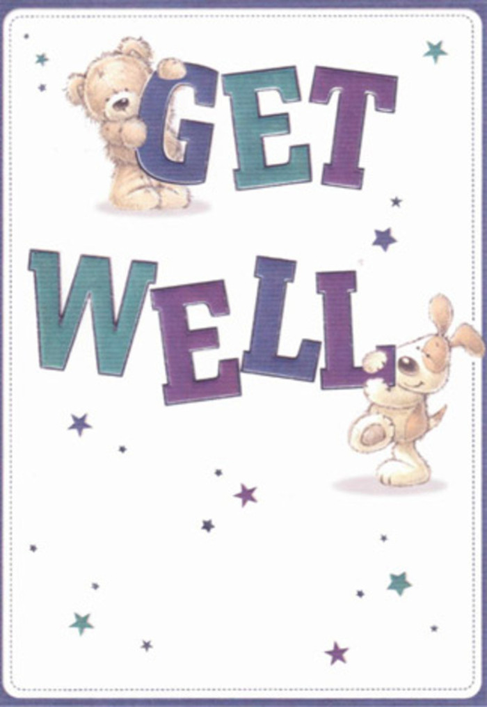A vibrant expression of encouragement unfolds in this get well card, featuring a lovable bear and playful puppy set amidst an uplifting flurry of star motifs. Their gentle faces and rounded forms evoke a childlike warmth-a familiar comfort that echoes the welcoming pathways of Great Bookham's village green. The typography makes a joyful statement, each bold letter in shades of velvety indigo and teal giving depth and confidence to the simple message. Around them, swirling tints of blue and purple stars dance like springtime petals caught in the Surrey breeze, scattering well wishes in every direction. Detailed brushwork brings the bear's plush texture and the puppy's velvety ears to near-tangible life, making the viewer feel as if they could reach out and share in the softness. The luminous white background imparts a sense of renewal and hope, vital qualities for anyone recovering nearby. Imagine pairing this heartfelt card with an uplifting arrangement from a trusted Great Bookham florist: together, they create a gesture bursting with cheer and compassionate care. The design is a celebration of kindness, its whimsical innocence fitting for any age, much like the comforting aura of a freshly delivered bouquet on a bright day in the heart of Surrey.